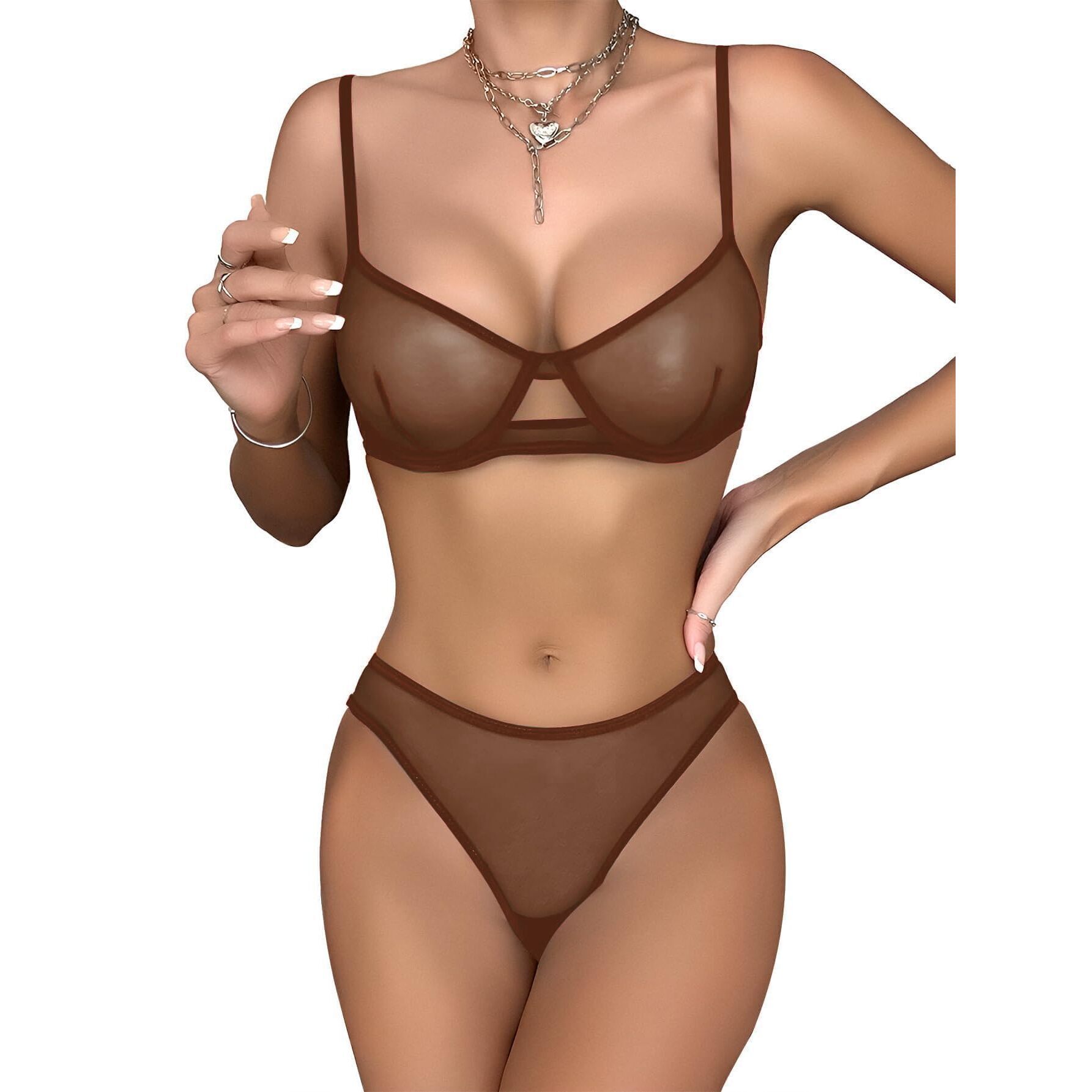 7436 Sexy Mesh Sheer Underwire Push Up Lingerie Set Cheetah See Through